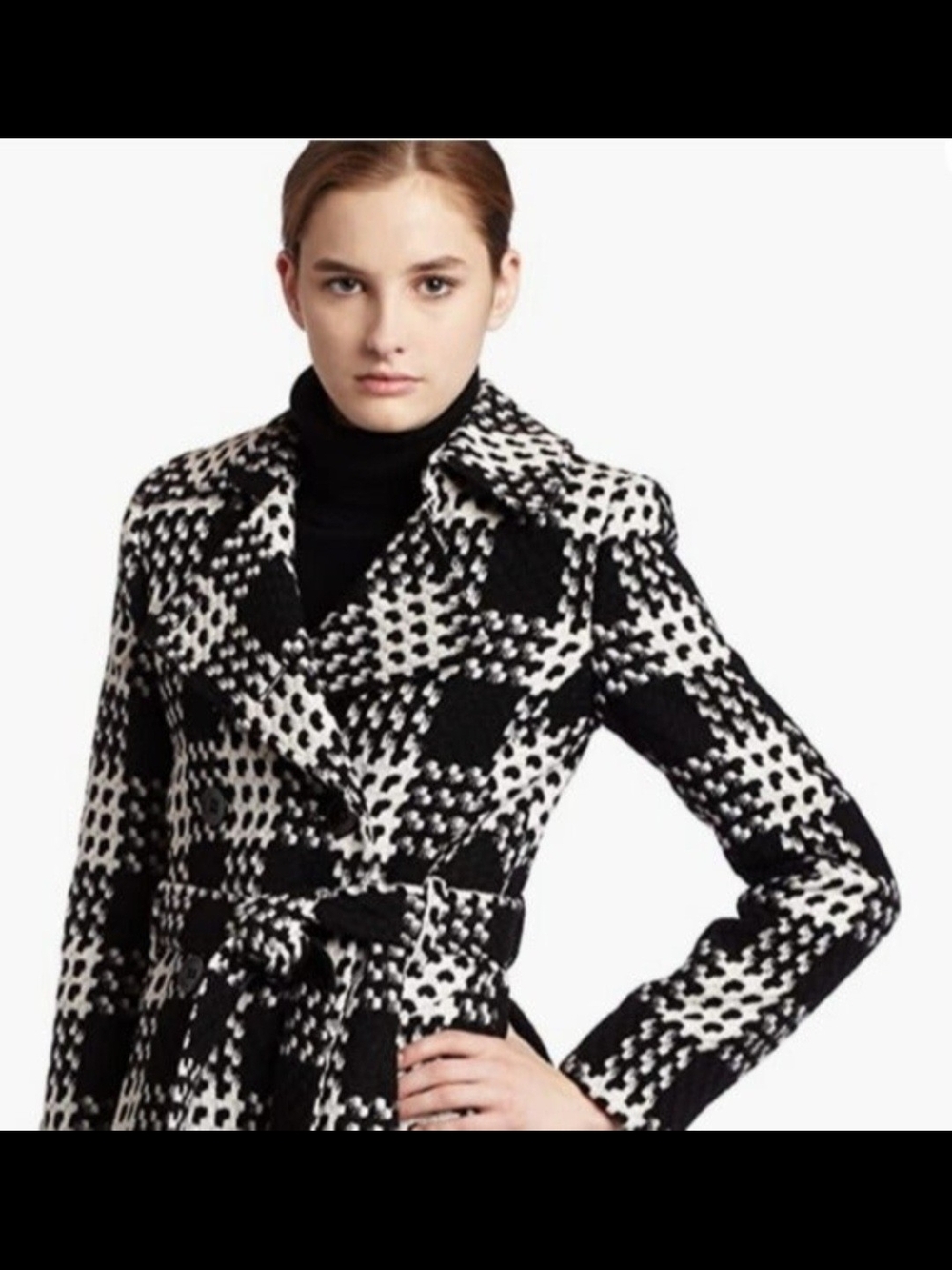 Via Spiga Black and White Houndstooth Belted Trench Coat